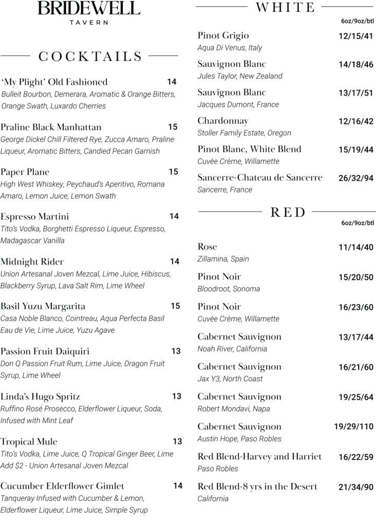 The Bridewell Tavern beverage menu promotional image