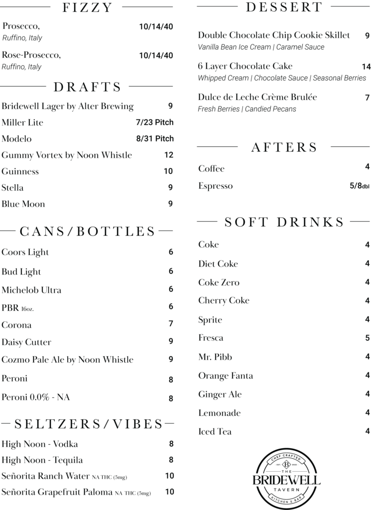 The Bridewell Tavern craft cocktails and drinks menu graphic