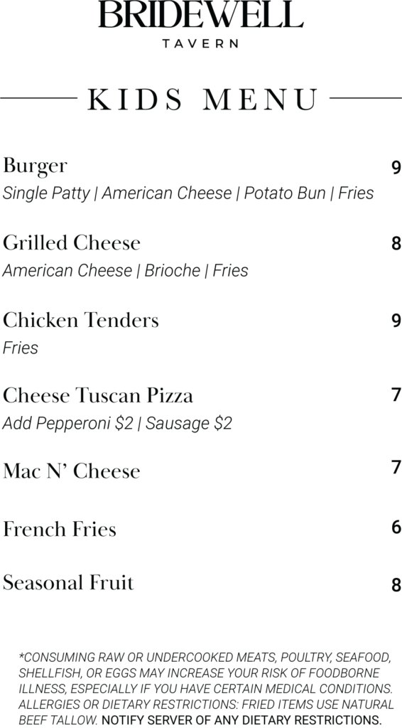 The Bridewell Tavern kids menu graphic